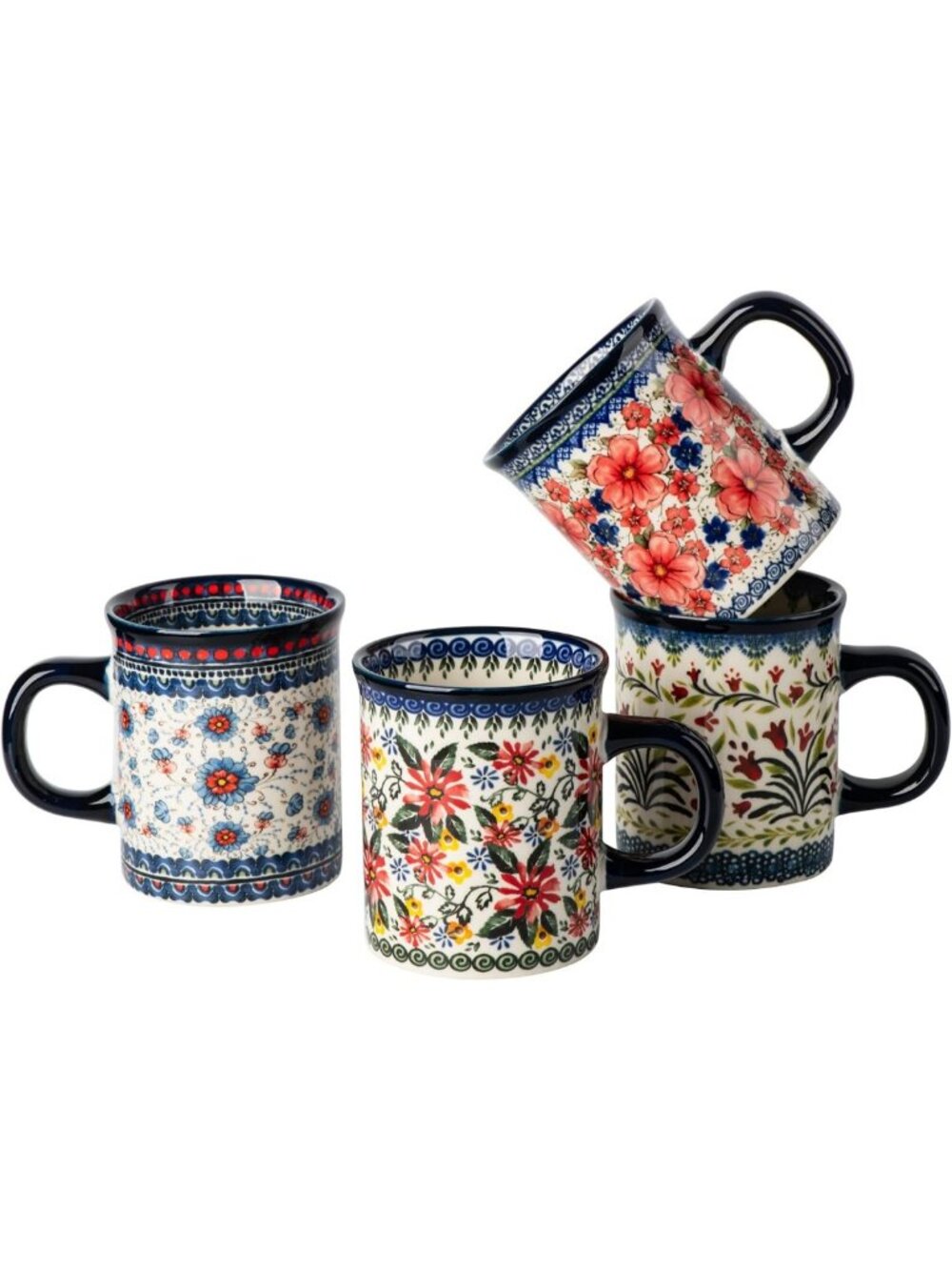 Hand-Painted Ceramic Latte Mug Set of 4 - 15.5oz Coffee Cups, Modern Retro